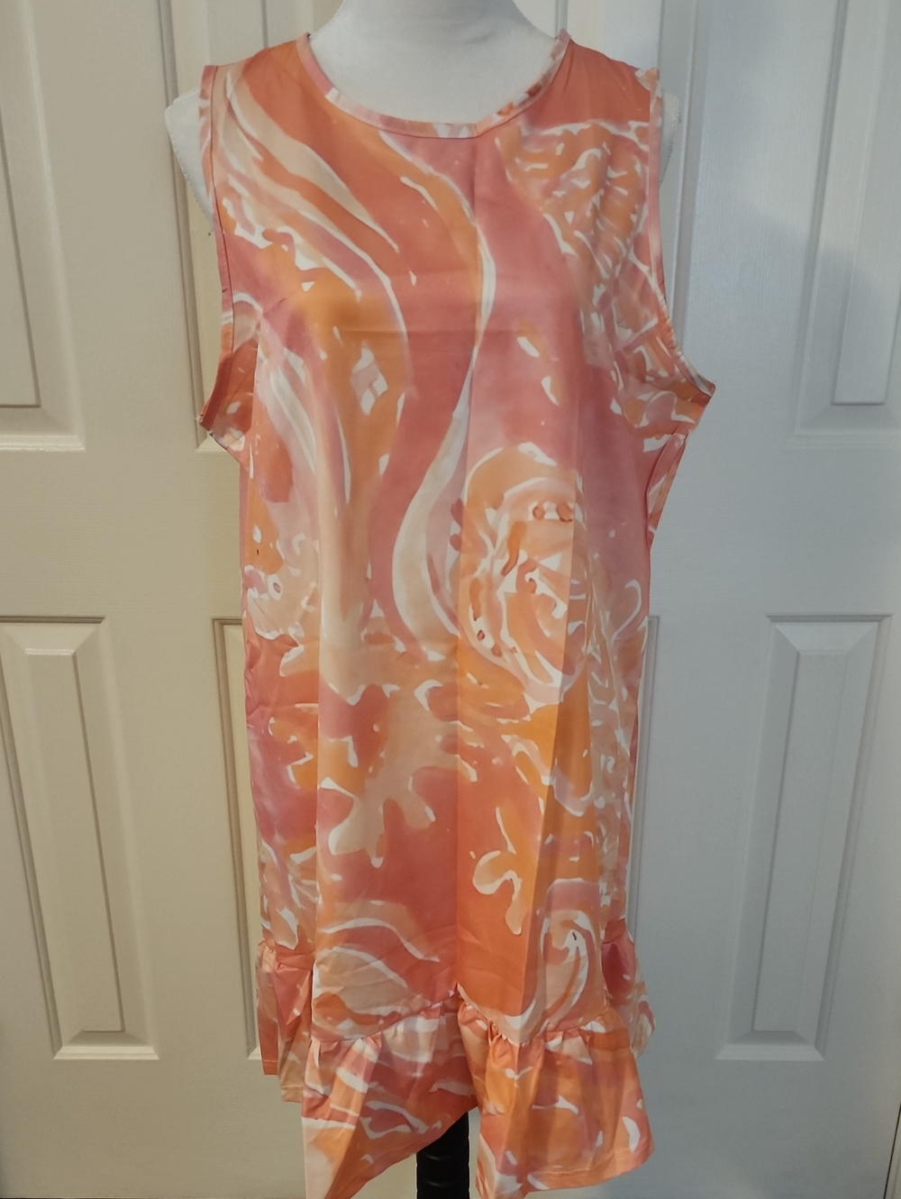SHEIN Pink-Orange Swirl Ruffle-Hem Mini Dress
